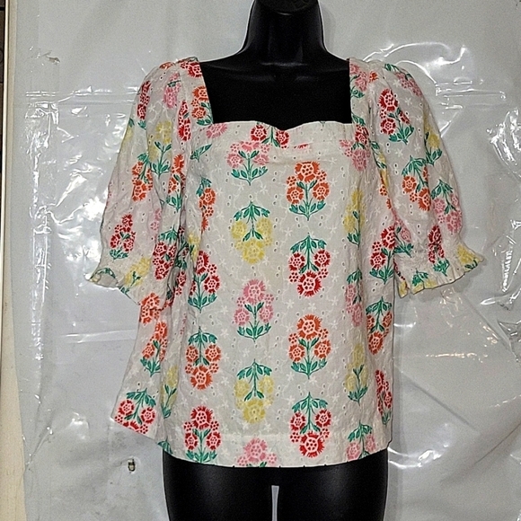 Floral Eyelet Puff Sleeve Top Square Neck Blouse Summer Cute  Cottagecore - Picture 3 of 5